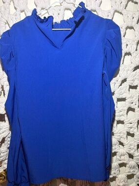 SHEIN Royal Blue Ruffle Neck Long Sleeve Blouse